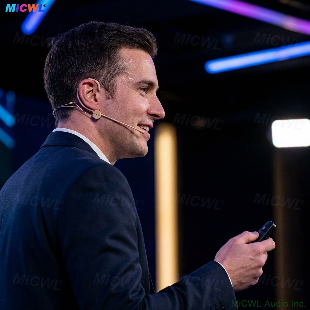 Live streamer using invisible earhook headset microphone for YouTube and TikTok broadcasting