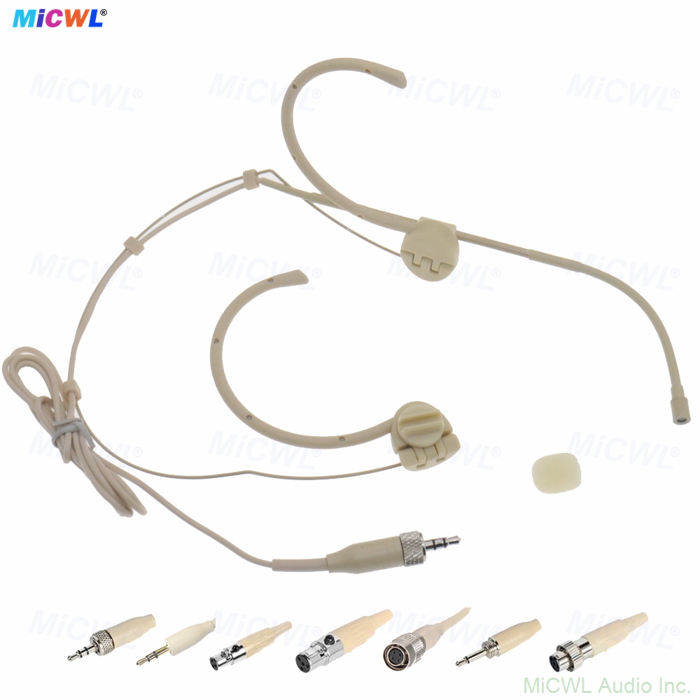 OM12 foldable dual ear-hook headset microphone omnidirectional condenser beige skin-tone with TA4F TA3F 3.5mm lock connectors for Shure Sennheiser AKG wireless bodypack stage performance fitness instruction