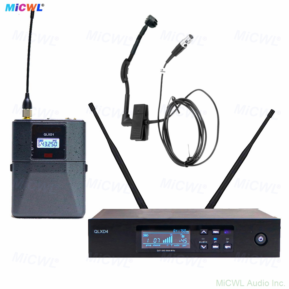QLXD14 UHF wireless instrument system with QLXD4 receiver QLXD1 bodypack transmitter and Beta98 microphone for stage saxophone trumpet live performance