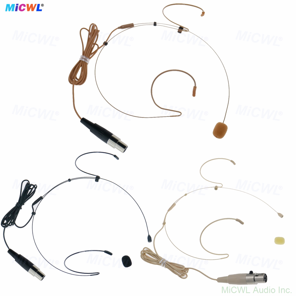 MiCWL C200 dual ear-hook headset microphone for AKG Mini XLR 3-pin wireless bodypack transmitter - lightweight omnidirectional condenser headworn mic with foam windscreen available in beige black brown for stage livestream presentation performance