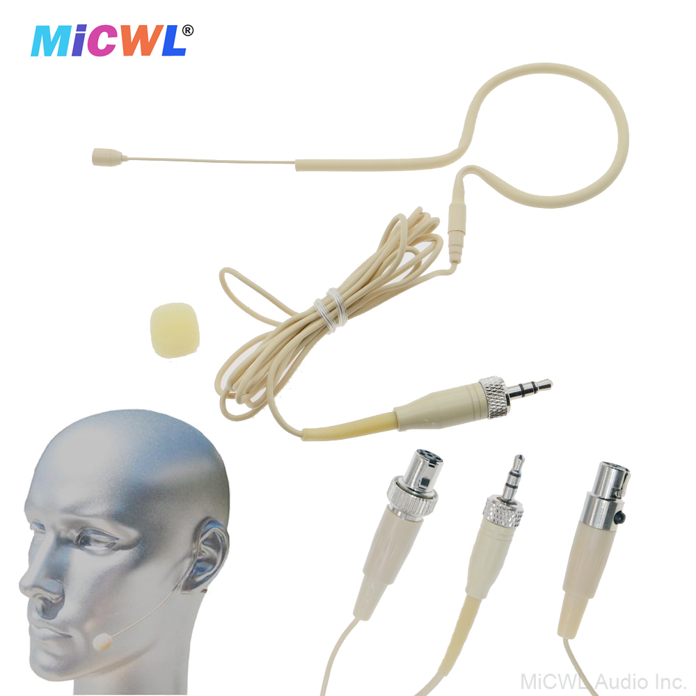 MiCWL B20 Beige Single Ear-Hook Headset Microphone with 6 connector options for Sennheiser Shure AKG Samson MiPro Audio-Technica wireless bodypacks and 3.5mm jack - omnidirectional condenser lightweight headworn mic with foam windscreen for stage livestream presentation