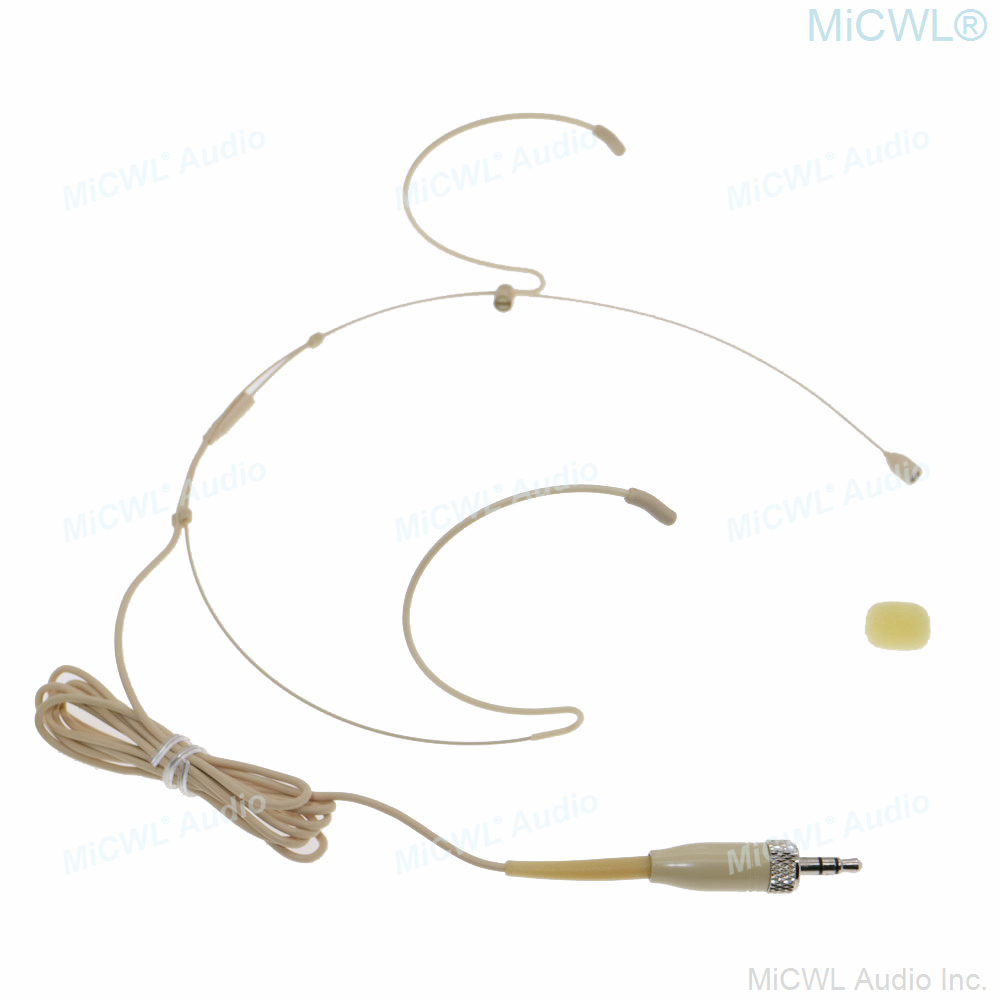MiCWL B40 Beige Dual Ear-Hook Headset Microphone for Sennheiser 3.5mm Lock wireless bodypack - lightweight omnidirectional condenser headworn mic with flexible cable and foam windscreen for stage livestream presentation performance
