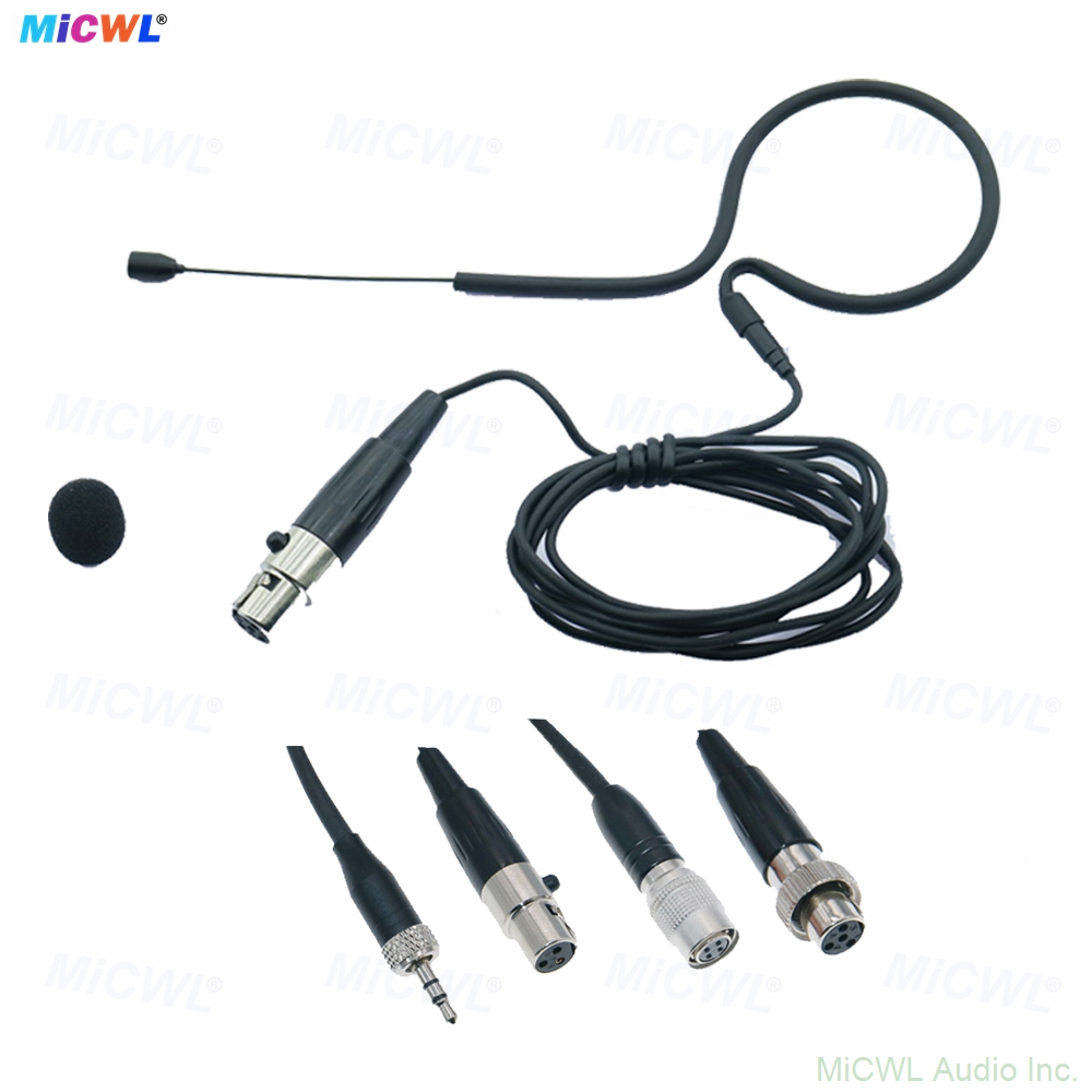 Black MX153 Single Ear-Hook Headset Microphone with 6 connector options for Sennheiser Shure AKG Samson MiPro Audio-Technica wireless bodypacks and 3.5mm jack - omnidirectional condenser lightweight headworn mic with foam windscreen for stage livestream presentation